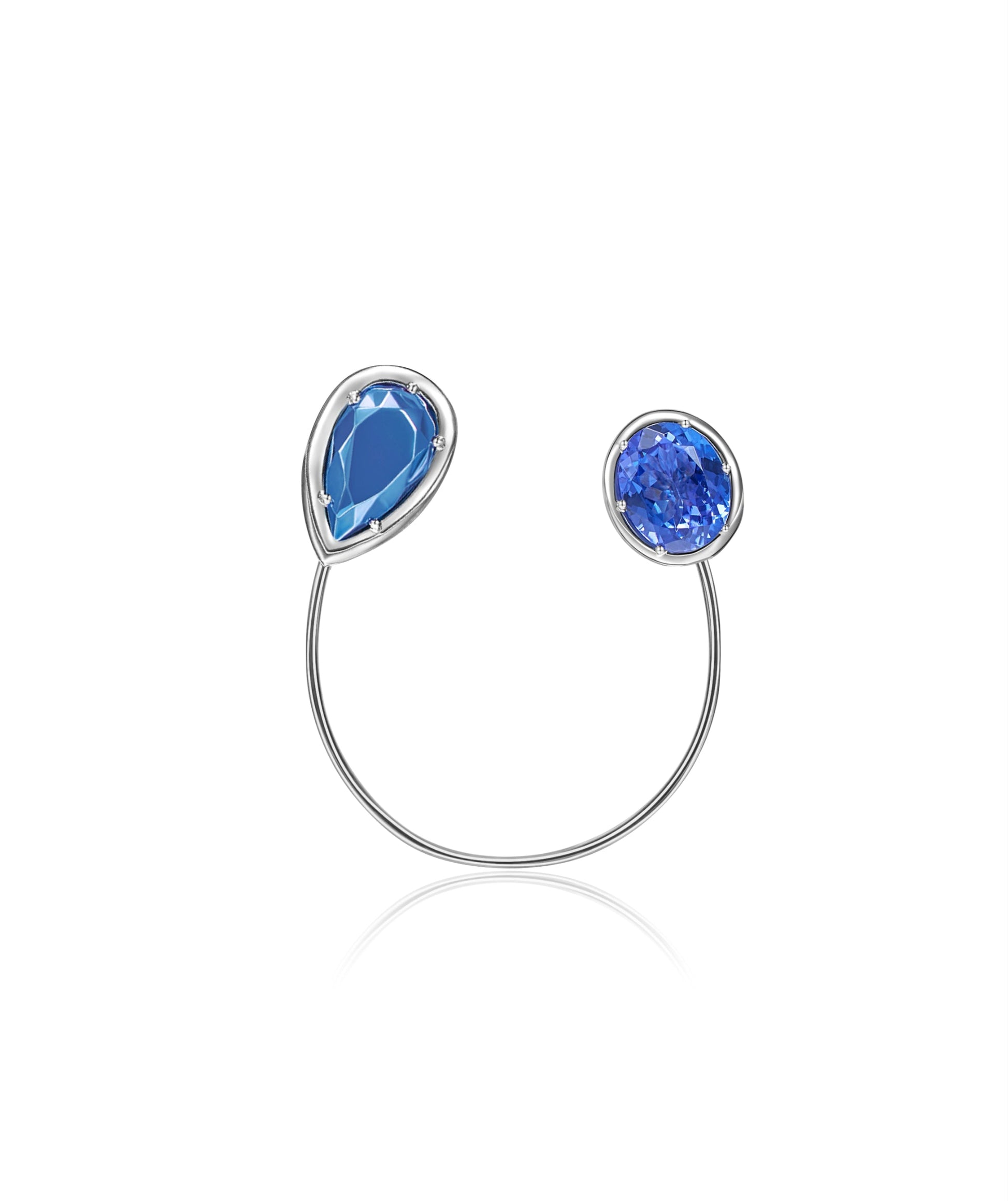 Sembra Crescent Lapel Pin 18k White Gold, Royal Blue Gold Pear Faceted Motif & Blue Oval Tourmaline