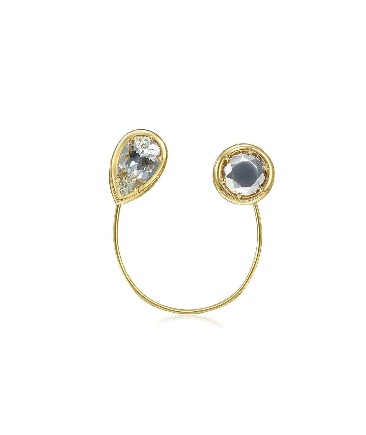Sembra Crescent Lapel Pin 18k Yellow Gold, White Gold Round Faceted Motif & White Pear Morganite